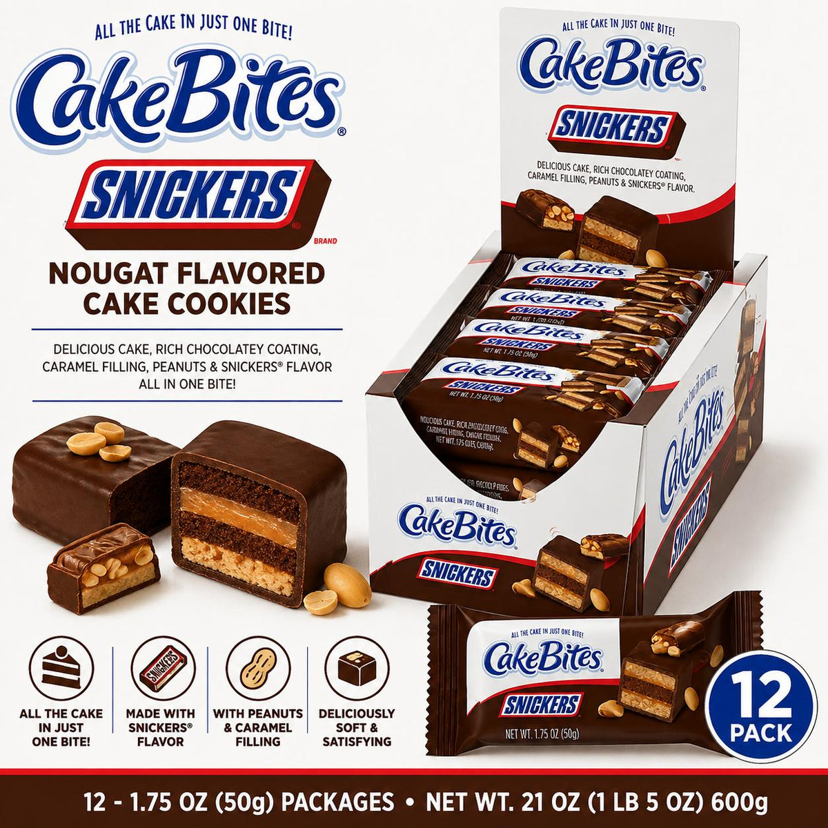 Snickers Nougat-Flavored Cakebites with Rich Coating, 12-Piece Chocolate Caramel Peanut Cake Cookies, 1.75 oz Chocolate Snacks