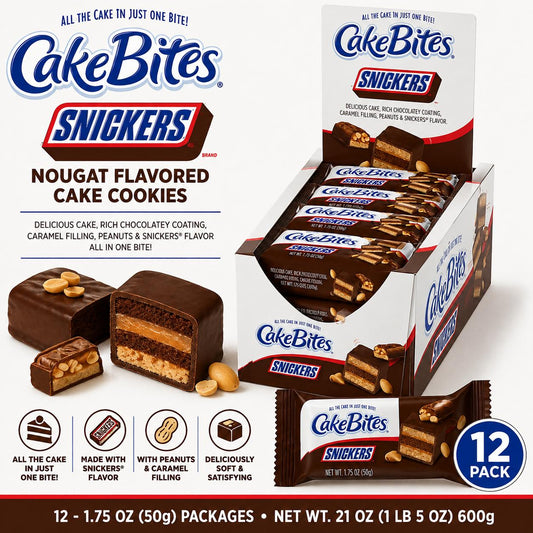 Snickers Nougat-Flavored Cakebites with Rich Coating, 12-Piece Chocolate Caramel Peanut Cake Cookies, 1.75 oz Chocolate Snacks