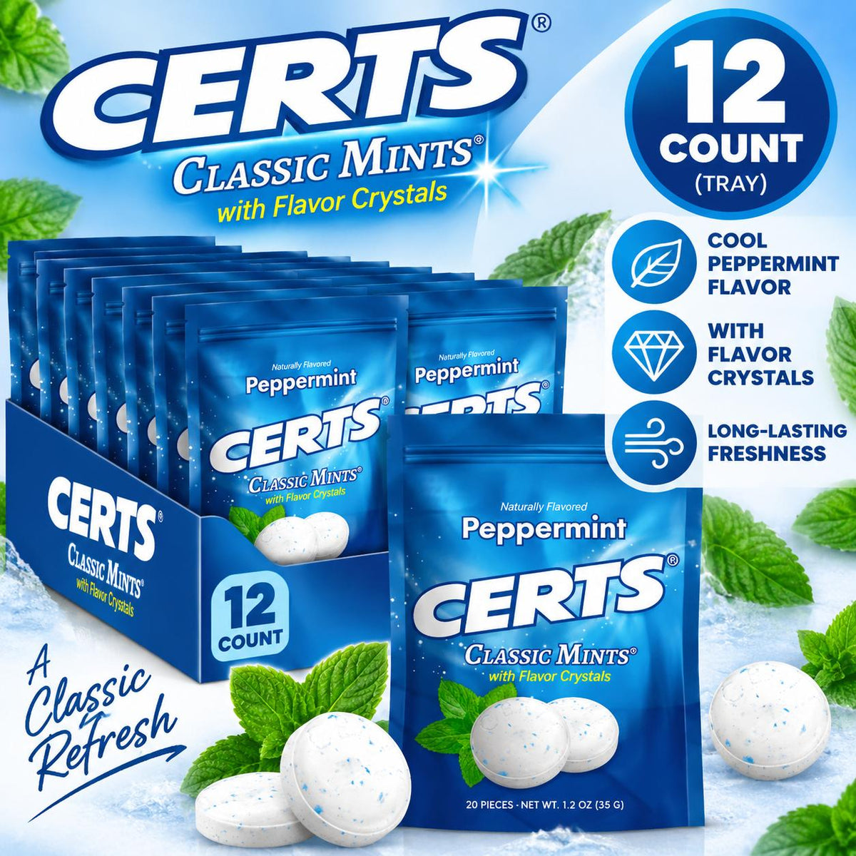 Certs Classic Peppermint Sugar Mints - 20-Piece Bags, 12-Count Tray, Refreshing Sweet Snack Candies