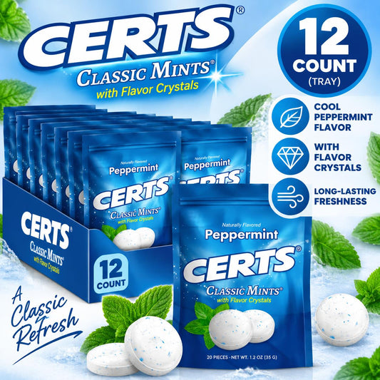 Certs Classic Peppermint Sugar Mints - 20-Piece Bags, 12-Count Tray, Refreshing Sweet Snack Candies