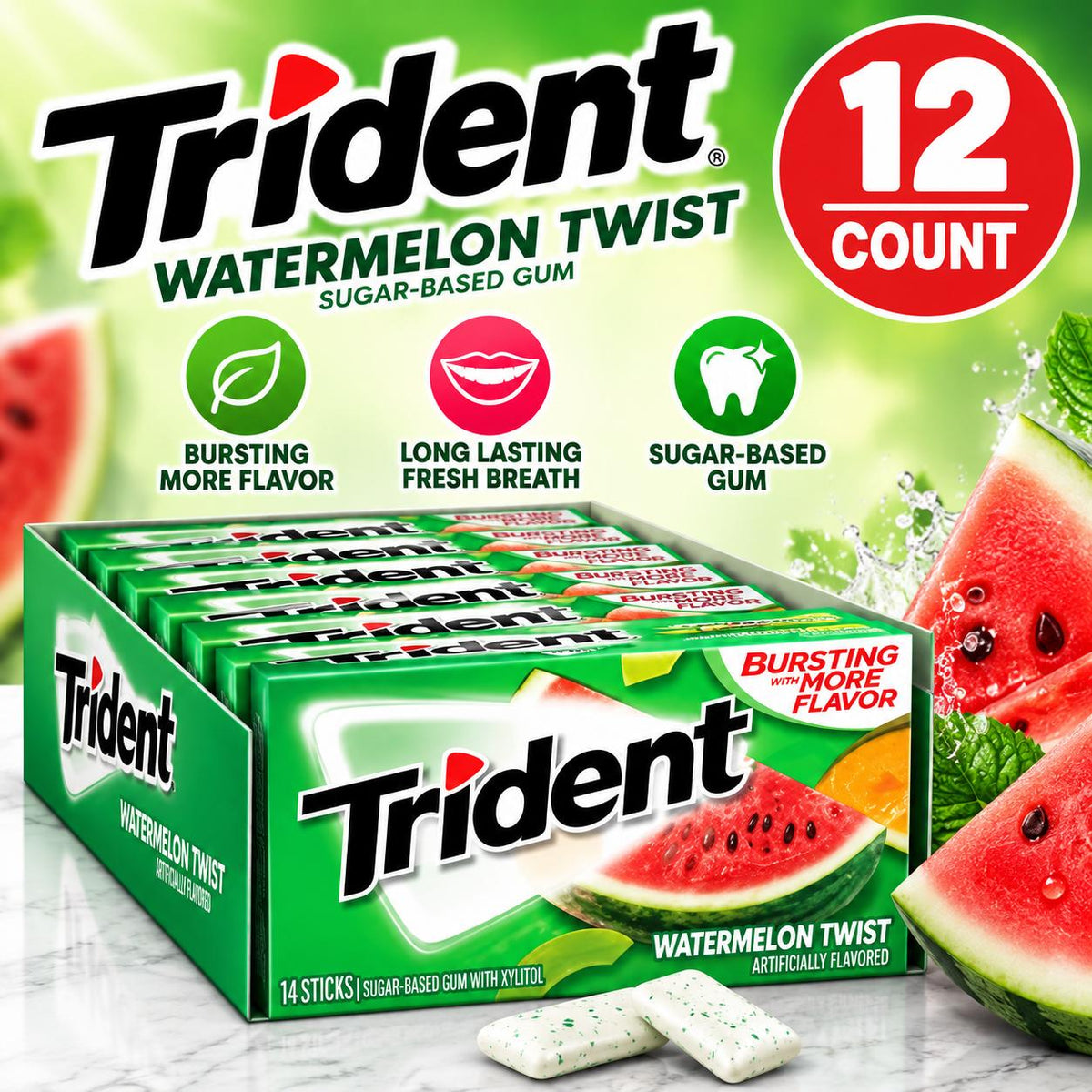 Trident Watermelon Twist Chewing Gum 12 Count Tray 14 Sticks Each Fruity Watermelon Gum