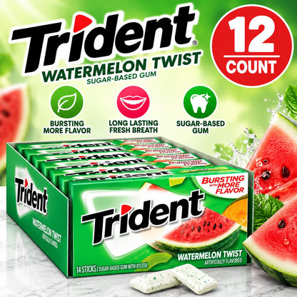 Trident Watermelon Twist Chewing Gum 12 Count Tray 14 Sticks Each Fruity Watermelon Gum