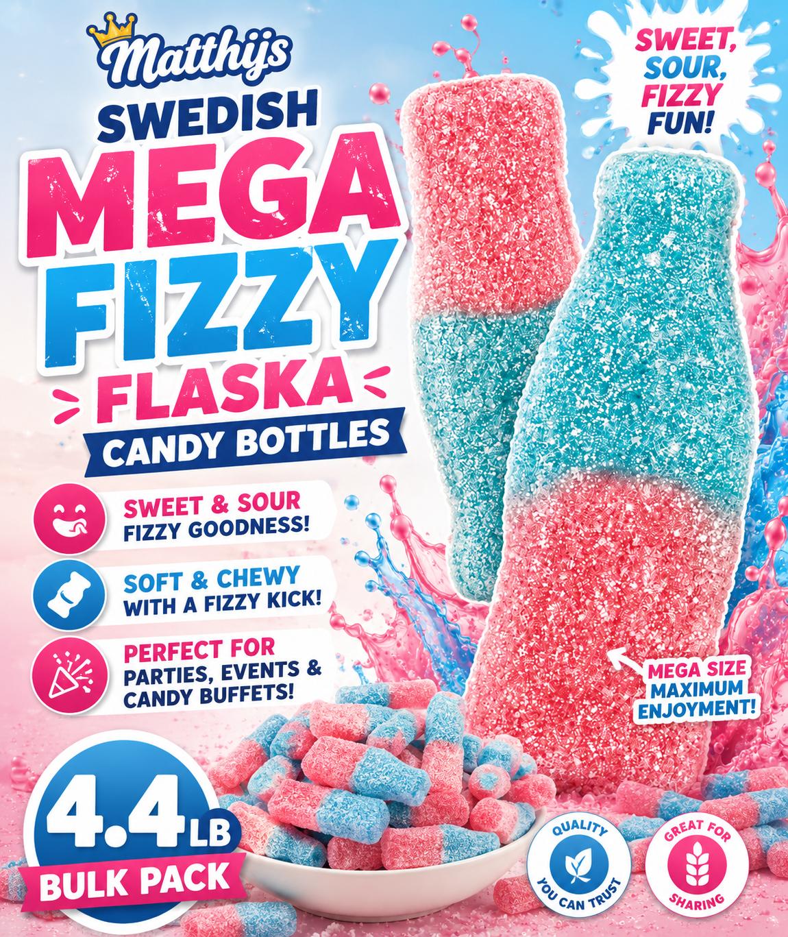 Matthijs Swedish Mega Fizzy Flaska Gummy Candy, 4.4 lbs Sweet & Sour Pink & Blue Bottle Gummies, Bulk Snacks for Parties, Sugar-Filled Treats