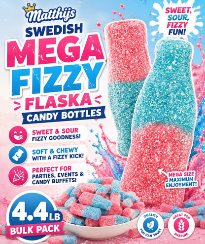 Matthijs Swedish Mega Fizzy Flaska Gummy Candy, 4.4 lbs Sweet & Sour Pink & Blue Bottle Gummies, Bulk Snacks for Parties, Sugar-Filled Treats