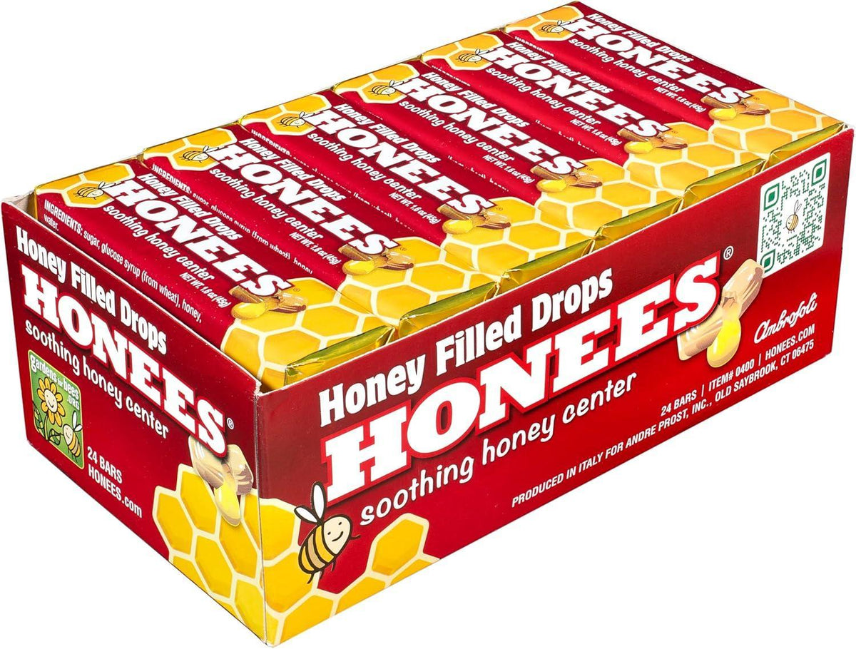 Honees Honey Eucalyptus Cough Drops - 24 Count Sugar-Base Herbal Flavor Candy, Individually Wrapped Single Drops for Throat Relief, Box Pack Soothing Treat