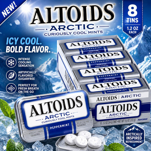 ALTOIDS Arctic Peppermint Breath Mints - 1.2oz, 8 Tins, Sugar-Free Portable Candy for Travel & Office, Mint Boiled & Hard Sweets for Cool Breath Freshening