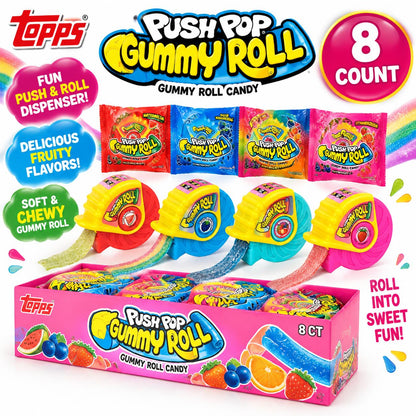 Topps Push Pop Gummy Roll Dispenser, 8-Count Sweet Soft Candy Snacks, 1.4oz Sugar-Made Novelty Candies for Parties