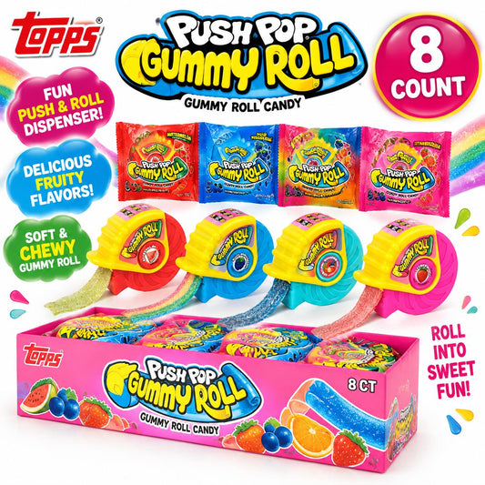 Topps Push Pop Gummy Roll Dispenser, 8-Count Sweet Soft Candy Snacks, 1.4oz Sugar-Made Novelty Candies for Parties