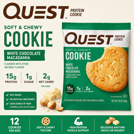 Quest White Chocolate Macadamia Nut Protein Cookie 2.04 oz, 12-Count Soft-Baked High-Protein Food Snacks