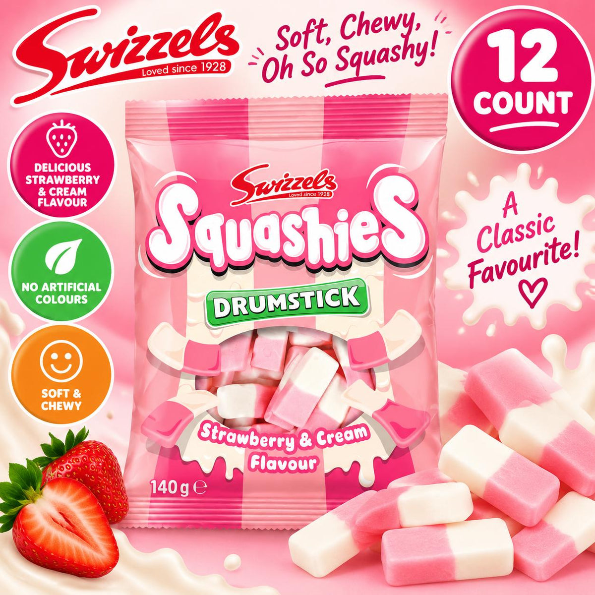 Swizzels UK Import Drumstick Squashies Strawberry Cream Chewy Candy, 12 Pieces, 140g