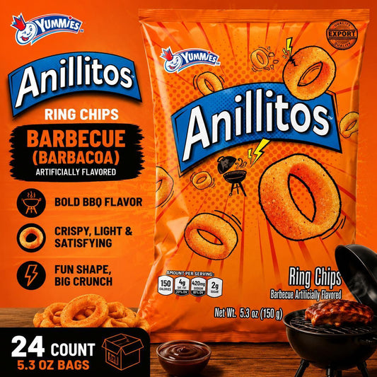 Yummies Anillitos Ring Chips - 5.3 oz Barbecue-Flavored Imported Mexican Snack Crisps, 24 Bags Pack, 5.3Oz