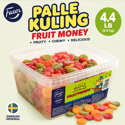 Fazer Swedish Palle Kuling Fruit Candy Coins, 4.4 lbs Bulk Large Pack, Sugar-Made Assorted Fruity Snacks, Scandinavian Party Treats
