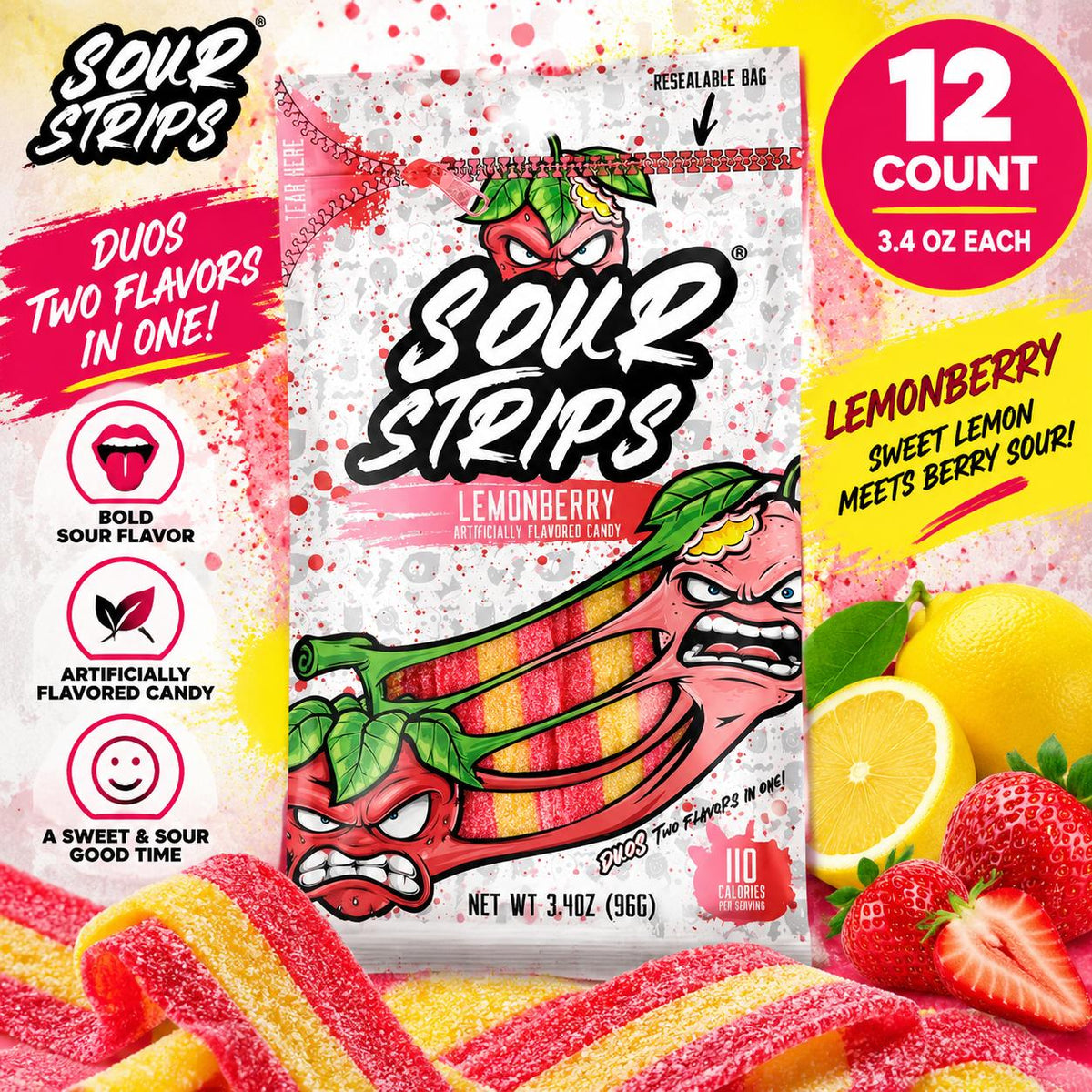 Sour Strips Lemonberry Duo Chewy Sugar-Base Candy Belts, 3.4oz Peg Bags (12 Count), Sweet and Sour Snacks
