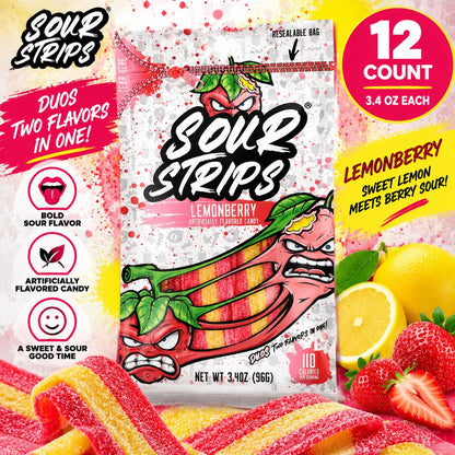 Sour Strips Lemonberry Duo Chewy Sugar-Base Candy Belts, 3.4oz Peg Bags (12 Count), Sweet and Sour Snacks