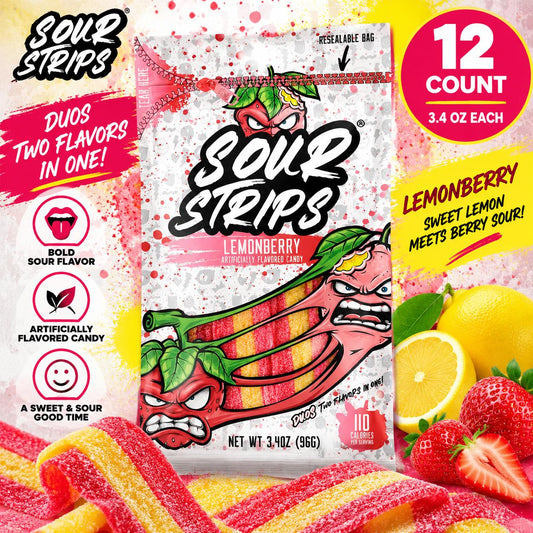 Sour Strips Lemonberry Duo Chewy Sugar-Base Candy Belts, 3.4oz Peg Bags (12 Count), Sweet and Sour Snacks
