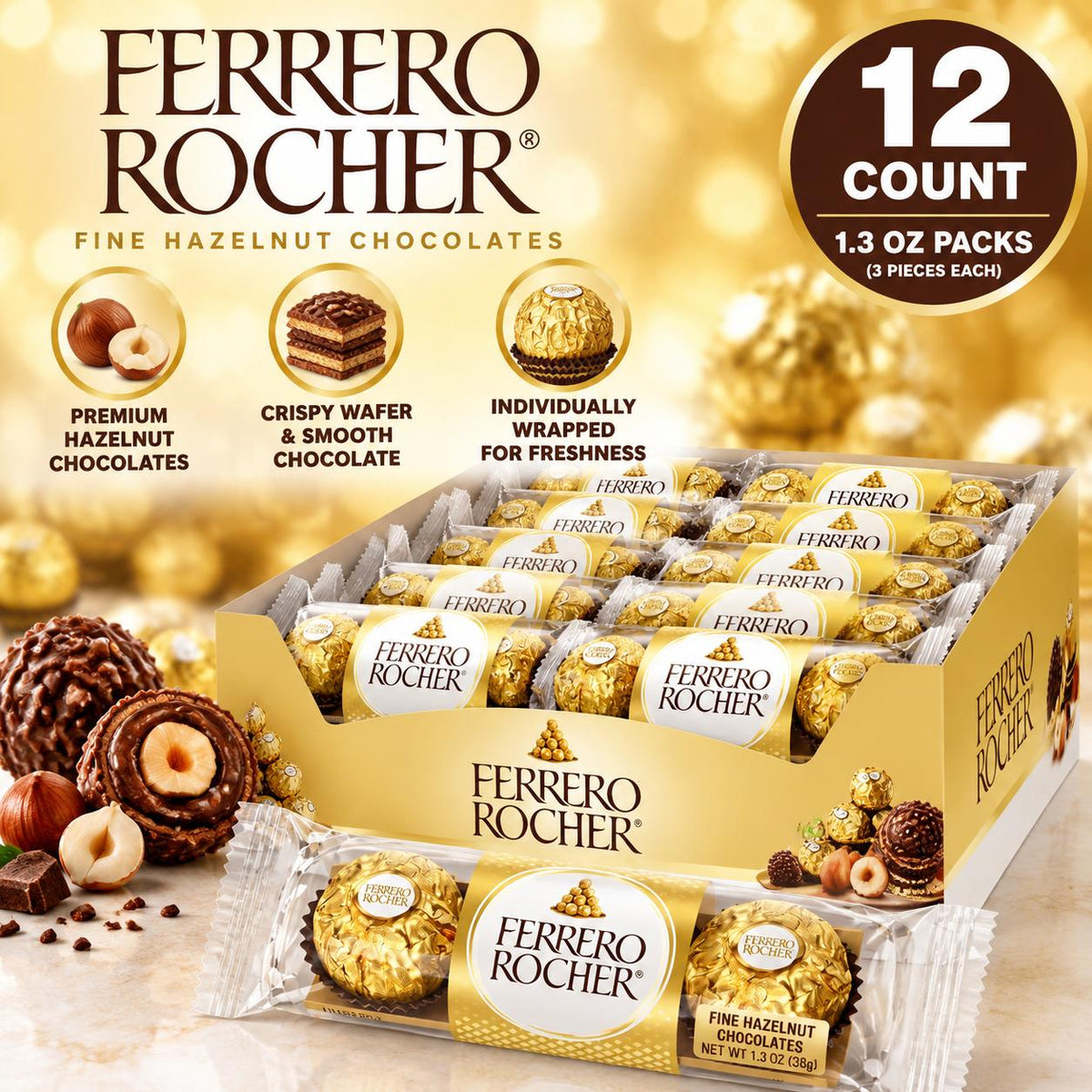 Ferrero Rocher Chocolate 1.3 oz 12 Count Premium Hazelnut Chocolate Candy Packs