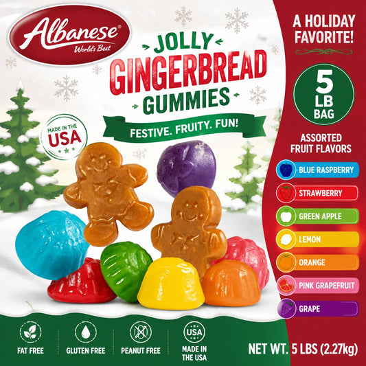 Albanese Christmas Jolly Gingerbread Sugar-Based Gummies, 5 lb Bulk Bag Holiday Gummy Candy