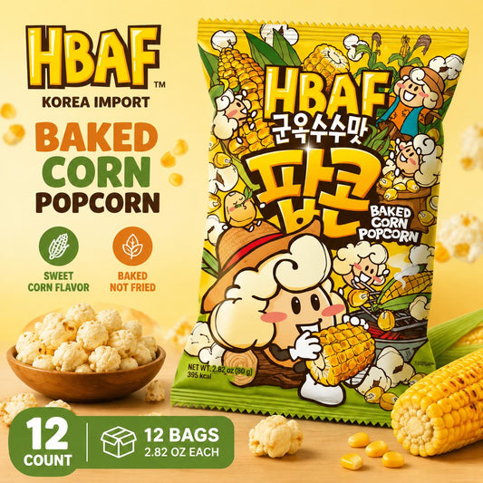 Global TastemakerHBAF Korean Imported Corn-Based Crispy Popcorn Snack, 2.82 oz, 12 bags