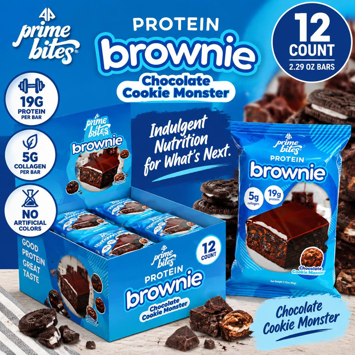 Prime Bites Chocolate Protein Cookie Monster Snacks, 2.29oz, 12-Count Protein Treats