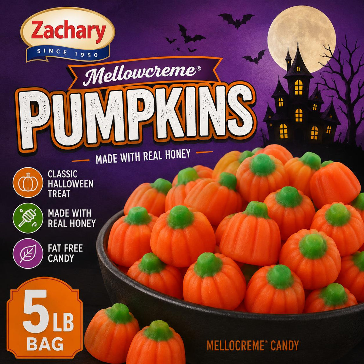 Zachary Mellowcreme Sugar Sweetness Orange Pumpkin Shaped Candy, 5 lb Large Pack Bulk Bag