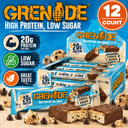 Soft Grenade UK Chocolate Chip Cookie Dough Protein Bar - 2.12 oz, 12 Bars, Imported British High-Protein Fitness Snacks