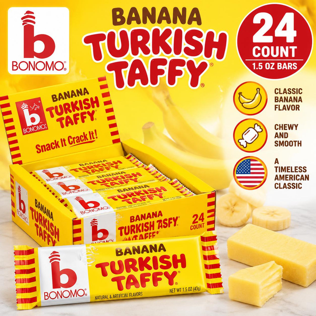 Bonomo Turkish Taffy Banana 1.5oz Sweet Candy Bars, 24-Count Classic Chewy Snacks for Parties, Individually Sized Candies