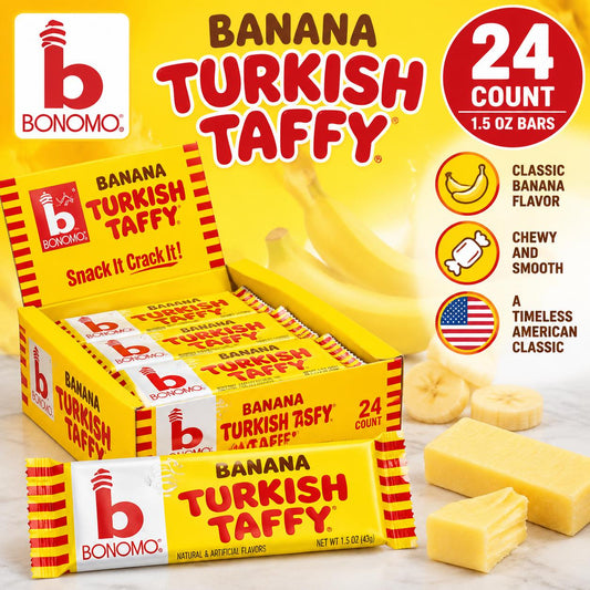 Bonomo Turkish Taffy Banana 1.5oz Sweet Candy Bars, 24-Count Classic Chewy Snacks for Parties, Individually Sized Candies