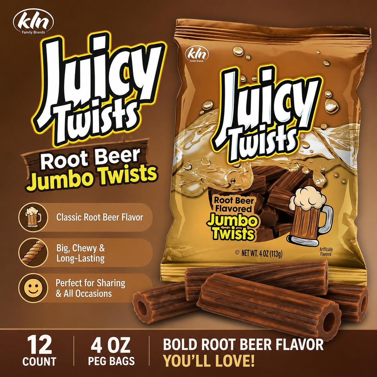 Kennys Soft Chewy Twist Sugar Candy Snacks, Jumbo Root Beer Flavor, 4 oz Peg Bags, 12 Packs Sweet Bites