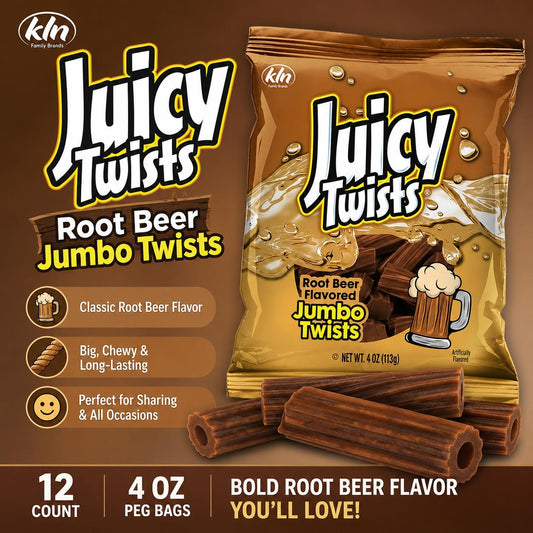 Kennys Soft Chewy Twist Sugar Candy Snacks, Jumbo Root Beer Flavor, 4 oz Peg Bags, 12 Packs Sweet Bites