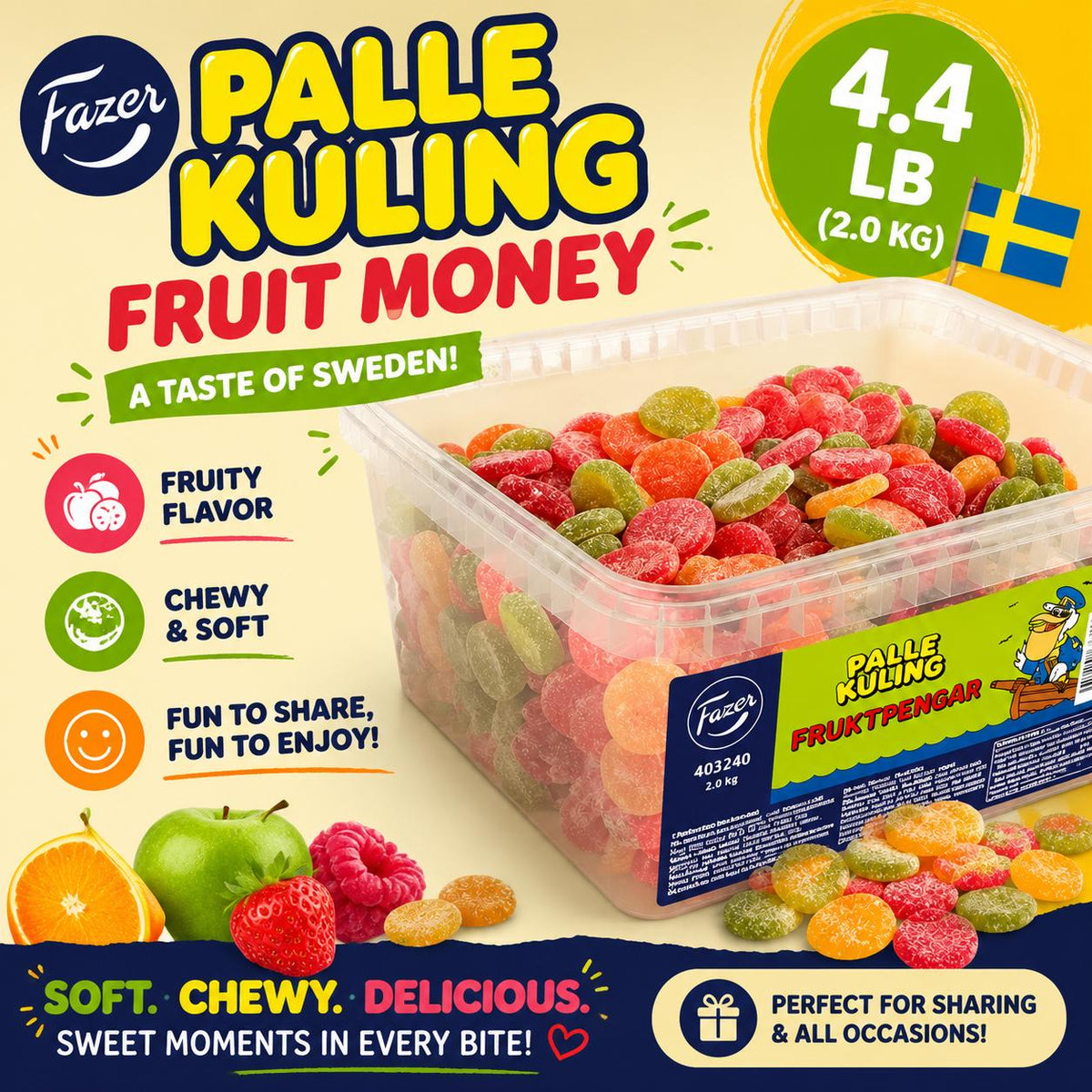 Fazer Swedish Palle Kuling Fruit Candy Coins, 4.4 lbs Bulk Large Pack, Sugar-Made Assorted Fruity Snacks, Scandinavian Party Treats