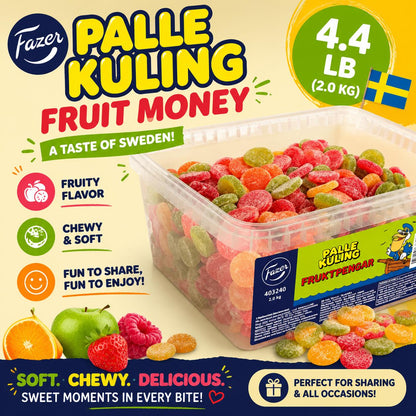 Fazer Swedish Palle Kuling Fruit Candy Coins, 4.4 lbs Bulk Large Pack, Sugar-Made Assorted Fruity Snacks, Scandinavian Party Treats