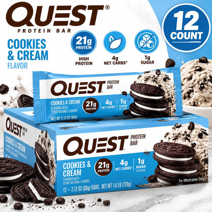 Quest Protein Bar, Cookies & Cream Flavor, 12-Count Box Pack – High-Protein Snack Bars That Contains Biscuits