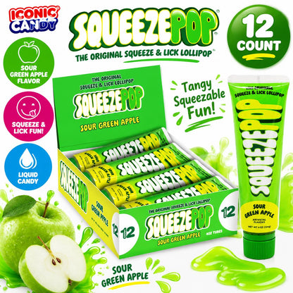 Iconic Candy Squeeze Pop Sour Green Apple Liquid Candy 4 oz 12 Count Sour Candy Tube