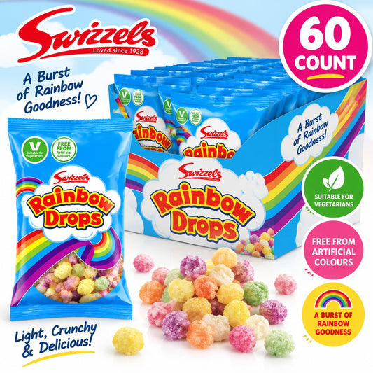 Swizzels UK Import Rainbow Drops Sugar-Coated Puffs Candy in Bulk, 10g 60-Pieces Box, Popular Snacks for Bag Pack, British Treat