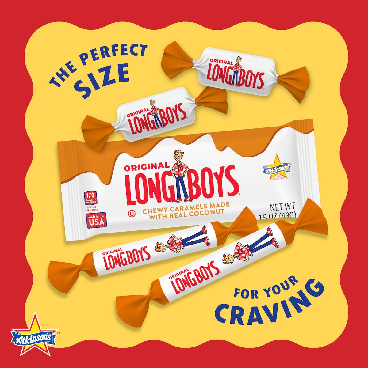Atkinson's Long Boys Coconut Candy Bars - 1.5 oz, 24 Count Individually Wrapped Retro Chewy Candies, Sweet Snack Treats