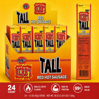 Savory Flavor Spicy Herbs Tall Red Hot Sausage Meat Snack Sticks, 1.5oz Each, 24-Count