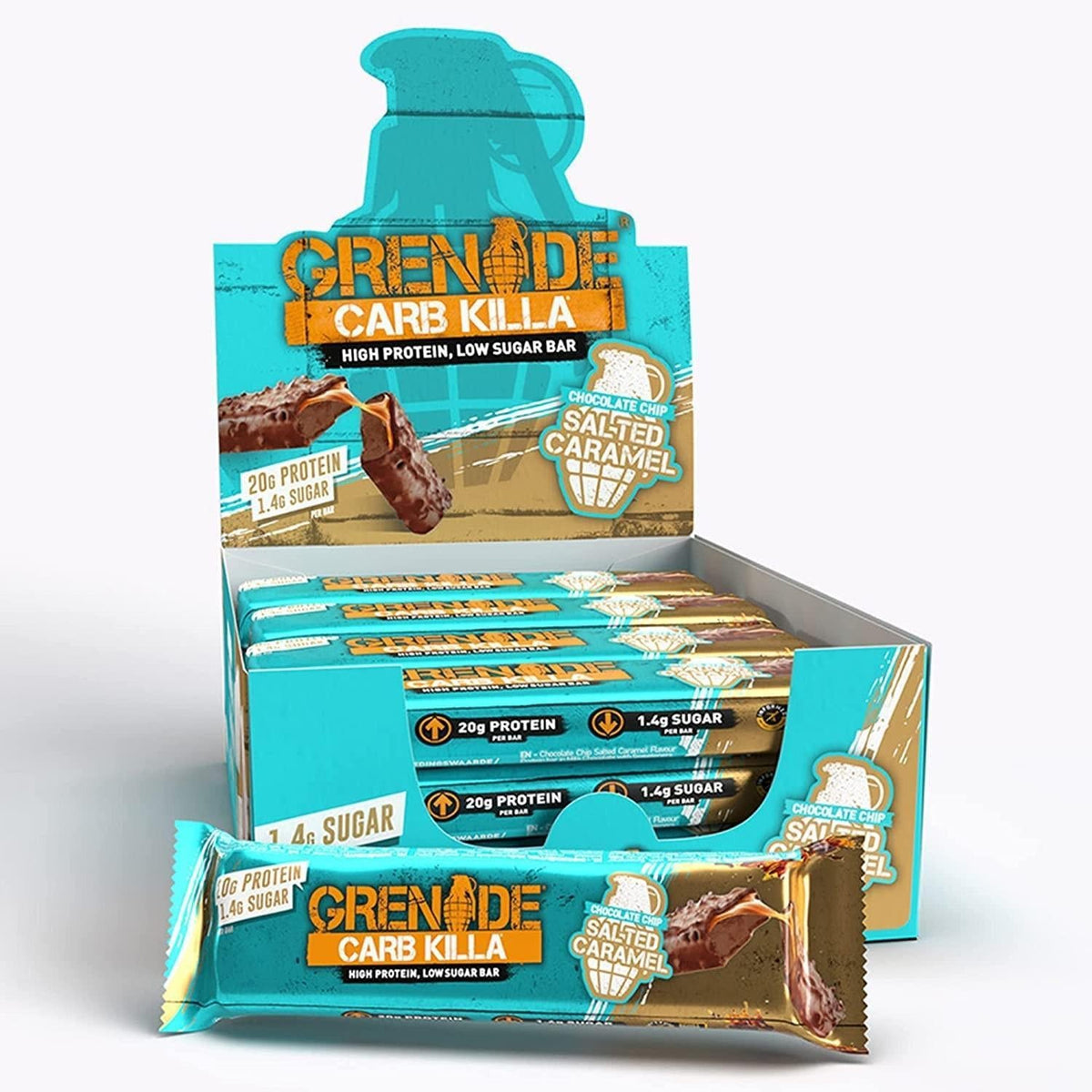 Grenade UK Chocolate Chip Salted Caramel High Protein Bars (2.12 oz, 12-Count Box Pack) - Imported British 12 Bars, Ambient Temp Healthy Snacks