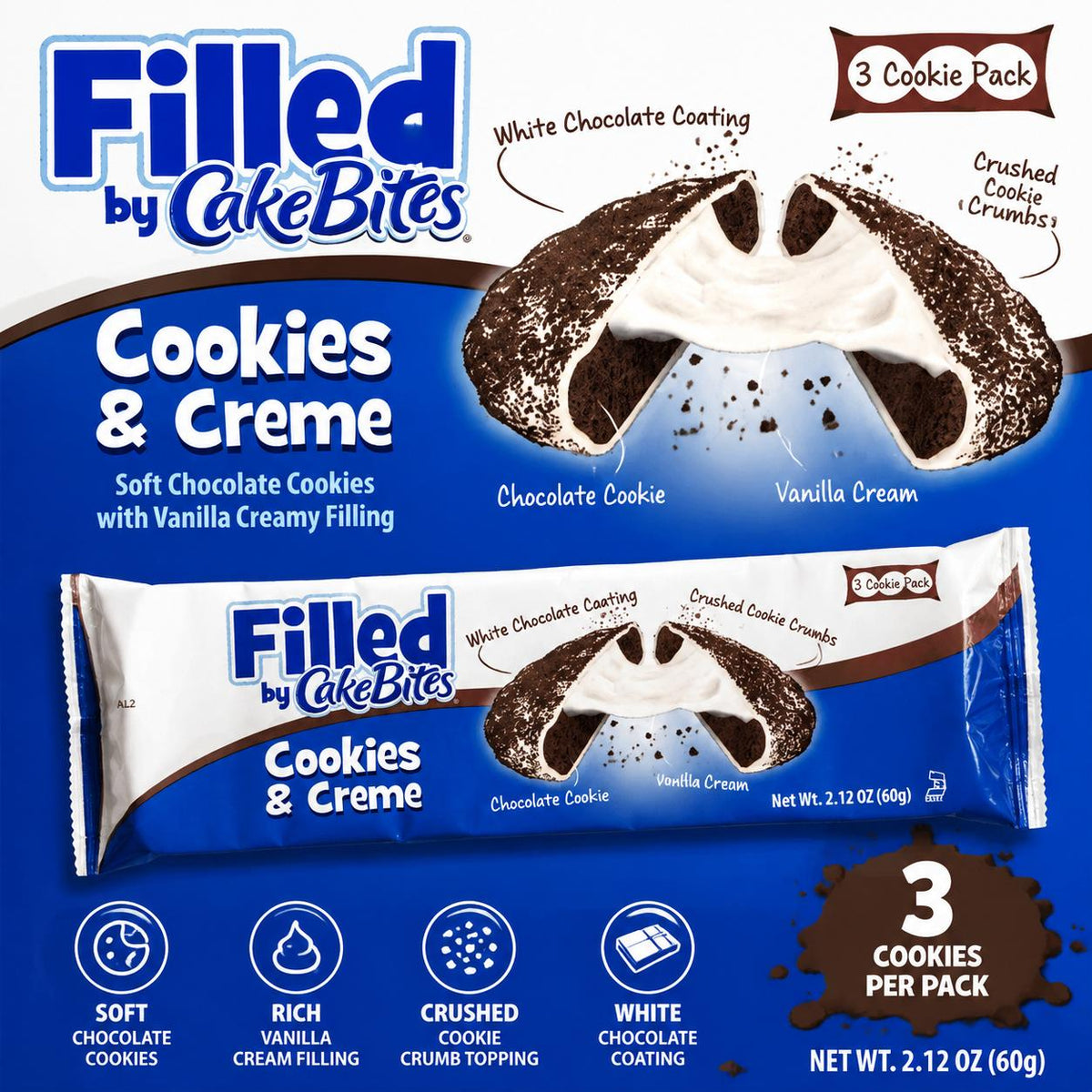 Cakebites Cookies and Cream Filled Biscuits, 2.12oz 8-Count Chocolate Creme Snack Treats