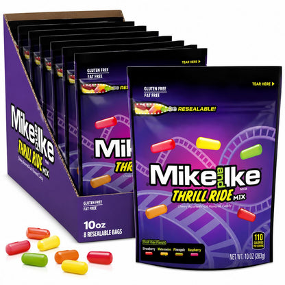 Mike and Ike Limited Edition Thrill Ride Bold Fruit Mix Chewy Fruit Candies, 10 oz Resealable Sharing Size Bags (8 Count) - Candy in Bulk, Sugar-Based Sweet Snack, Soft Texture