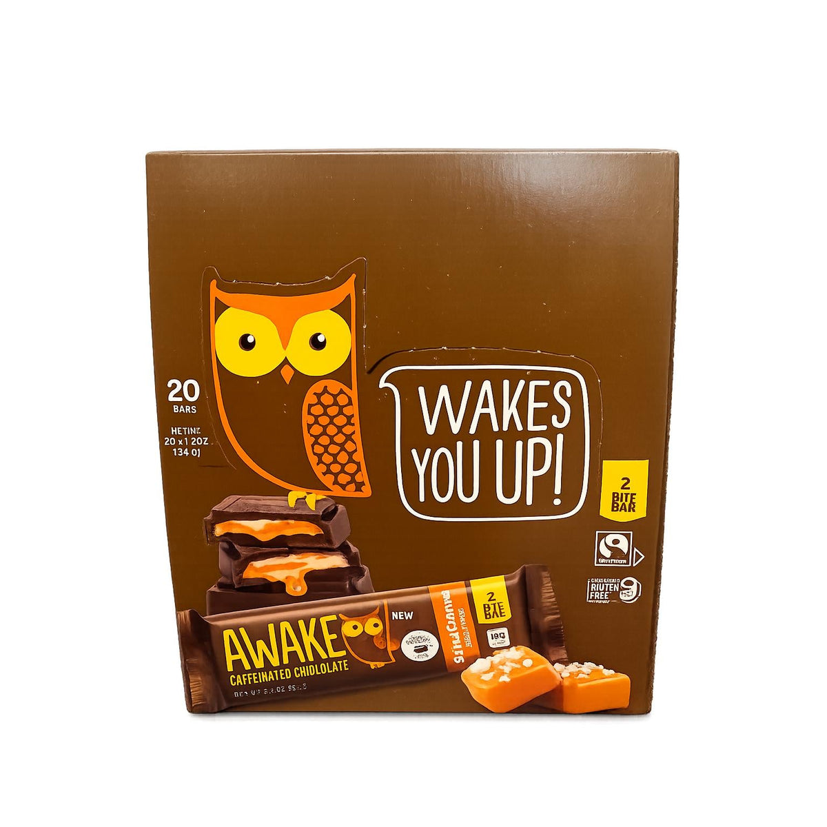 Awake Caffeinated Dark Chocolate Bar Sea Salt Caramel 1.2 oz 20 Count Chocolate Snack Bars