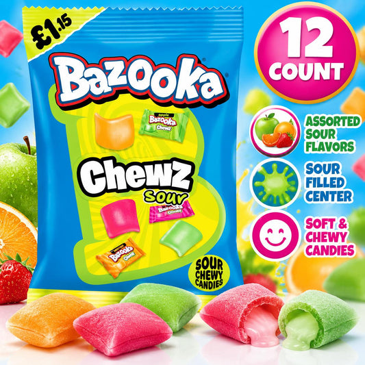 Bazooka UK Import Sour Filled Soft Candy 120g 12 Count Peg Tray Chewy Sour Candy