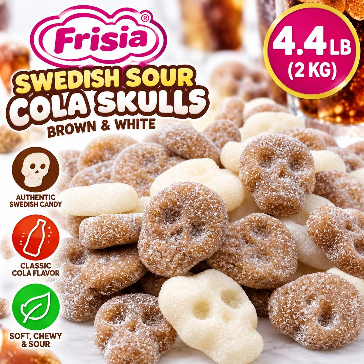Frisia Halloween Swedish Sour Cola Skulls, Brown & White Sour Gummy Candy, 4.4 lbs Bulk Bag
