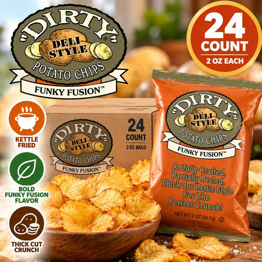 Dirty Kettle-Fried Potato Chips, Funky Fusion Flavor, 2 oz Ambient Temp Potato-Based Snack Food, 24-Count Crispy Snack Bags