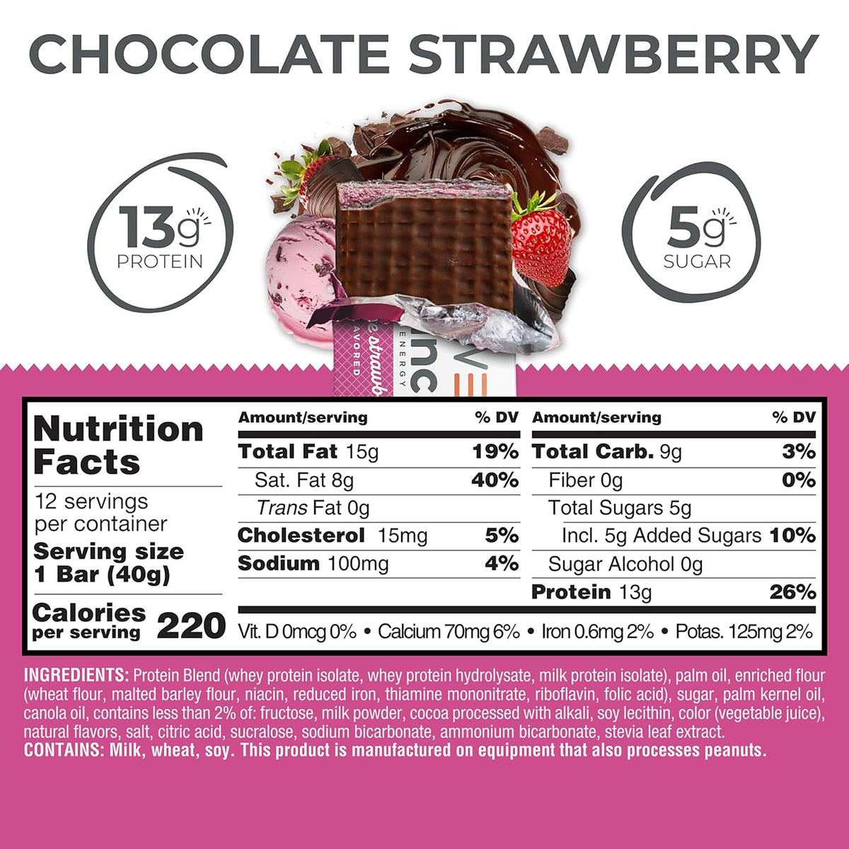 Power Crunch High Protein Crispy Wafer Bars, Chocolate Strawberry Flavor, 1.4oz, 12 Bars Box Pack, On-the-Go Snack Treats
