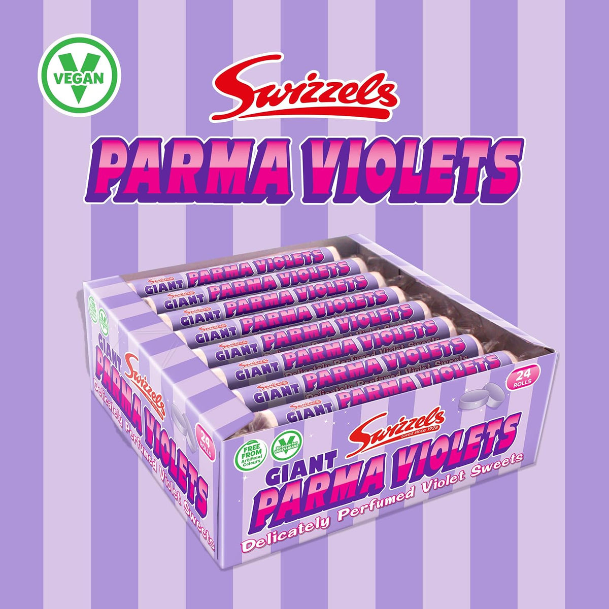 Swizzels UK Import Giant Parma Violets Perfumed Sugar Candy Rolls, 40g, 24-Count British Violet-Flavored Treats