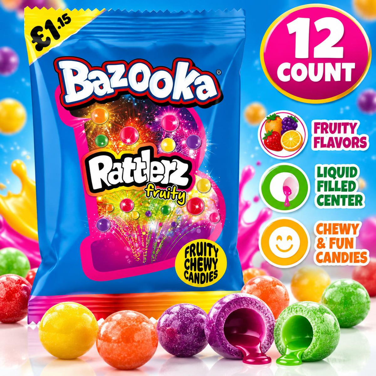 Bazooka UK Import Rattlerz Fruity Filled Chewy Candy 100g 12 Count Peg Tray Filled Candy