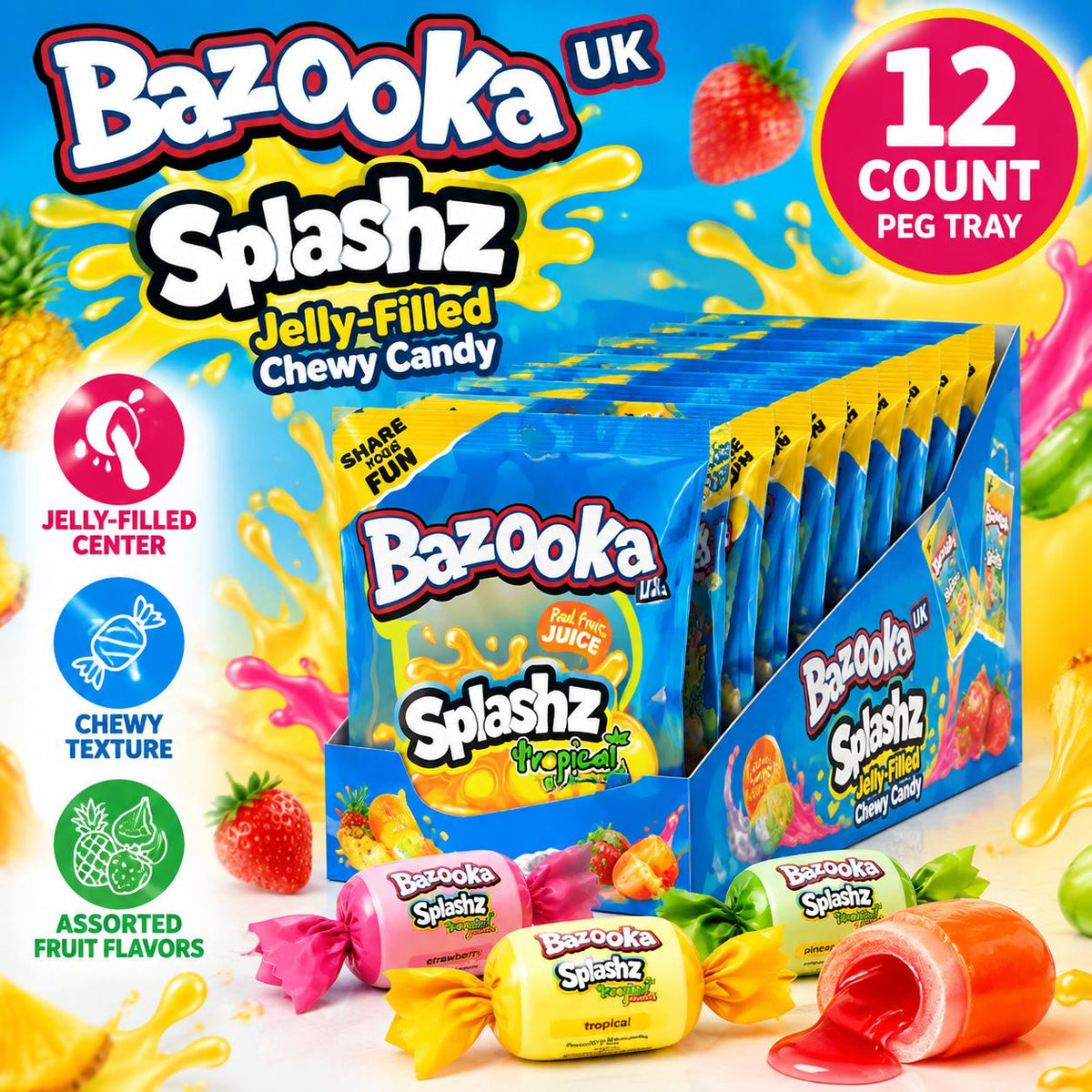 Bazooka UK Import Splashz Jelly Filled Chewy Candy 120g 12 Count Peg Tray Fruity Candy