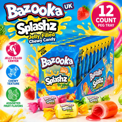 Bazooka UK Import Splashz Jelly Filled Chewy Candy 120g 12 Count Peg Tray Fruity Candy