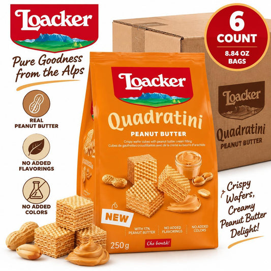 Loacker Quadratini (Square) Peanut Butter Wafer Cookies, 8.84 oz, 6-Count Bite-Size Italian Wafer Snack