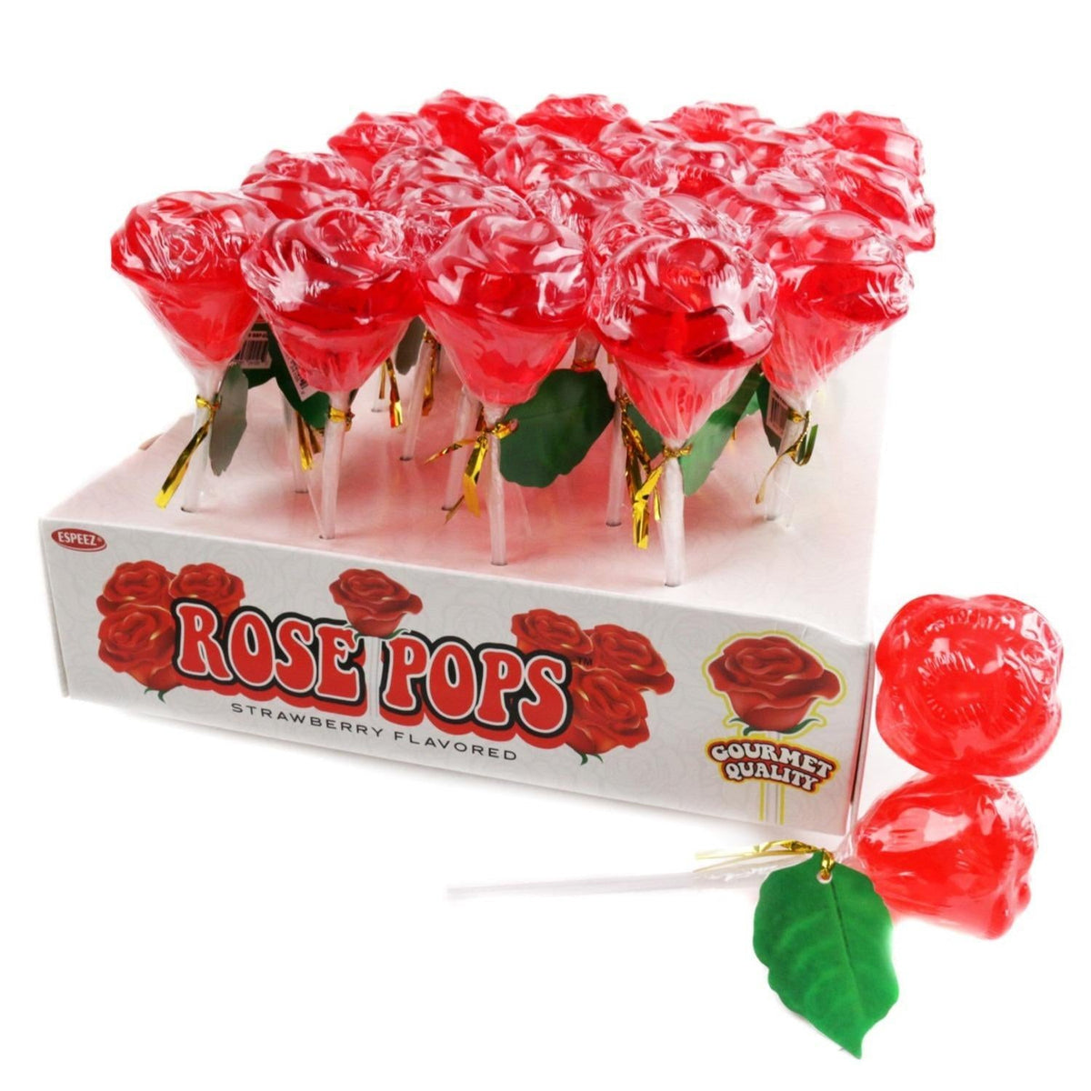 Espeez Red Rose Strawberry Sugar Lollipops, 24-Count Tray Pack, Sweet Fruit Candies, Delicious Snack